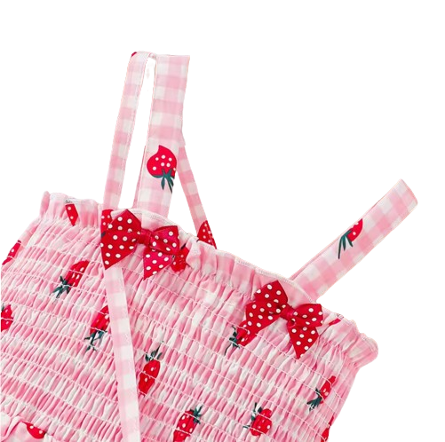 The Sasha - Girls Pink Strawberry Print Strap Dress Summer Casual Holiday Princess Dress