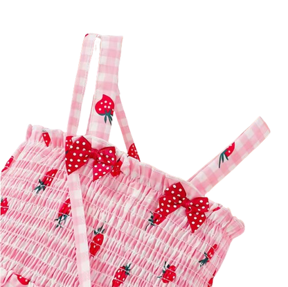 The Sasha - Girls Pink Strawberry Print Strap Dress Summer Casual Holiday Princess Dress