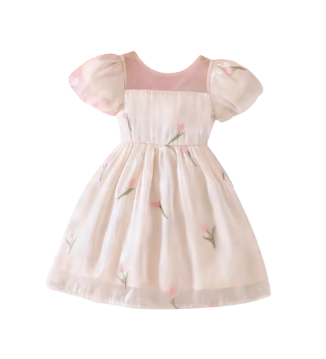 The Chana - Girls Summer Mesh Flower Embroidered Dress Bubble Sleeve Princess Outfit