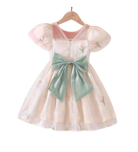 The Chana - Girls Summer Mesh Flower Embroidered Dress Bubble Sleeve Princess Outfit