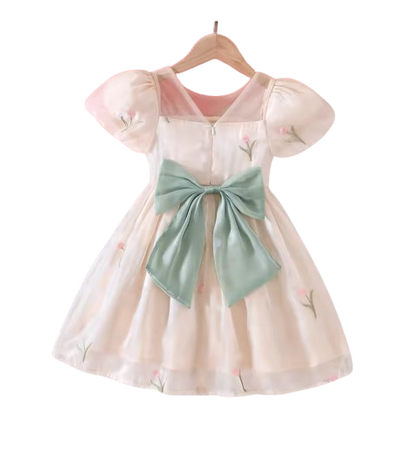 The Chana - Girls Summer Mesh Flower Embroidered Dress Bubble Sleeve Princess Outfit