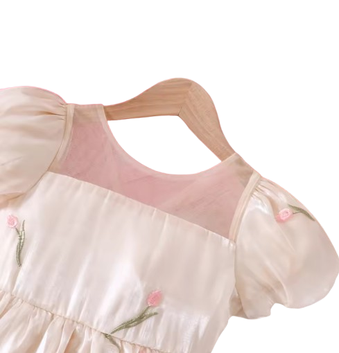 The Chana - Girls Summer Mesh Flower Embroidered Dress Bubble Sleeve Princess Outfit