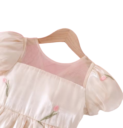 The Chana - Girls Summer Mesh Flower Embroidered Dress Bubble Sleeve Princess Outfit