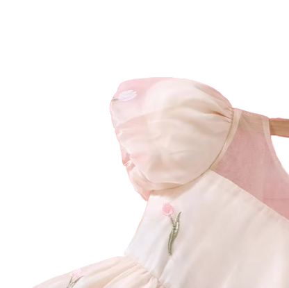 The Chana - Girls Summer Mesh Flower Embroidered Dress Bubble Sleeve Princess Outfit