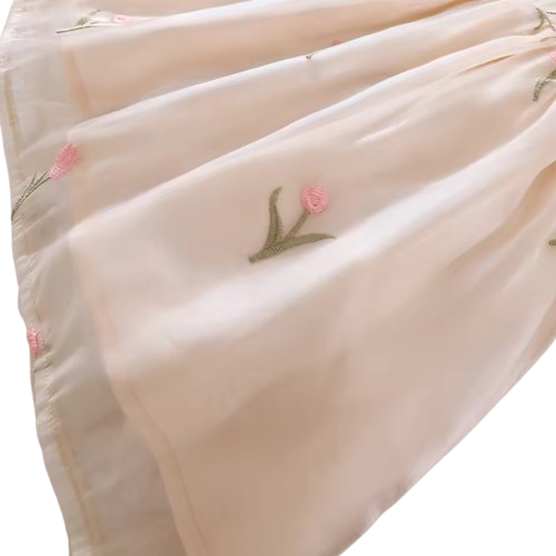 The Chana - Girls Summer Mesh Flower Embroidered Dress Bubble Sleeve Princess Outfit