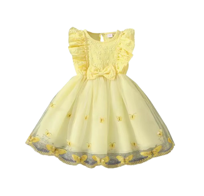 The Emberly - Girls Yellow Tulle Princess Dress O-Neck Fly Sleeve Bowknot Summer Outfit