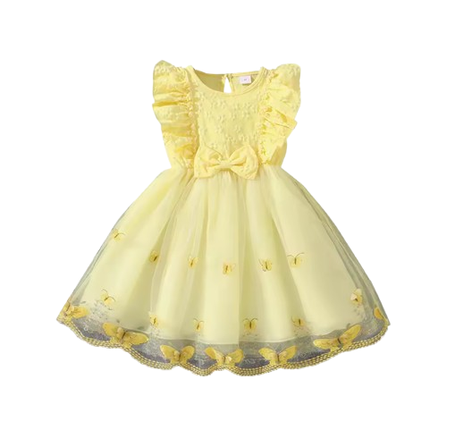 The Emberly - Girls Yellow Tulle Princess Dress O-Neck Fly Sleeve Bowknot Summer Outfit
