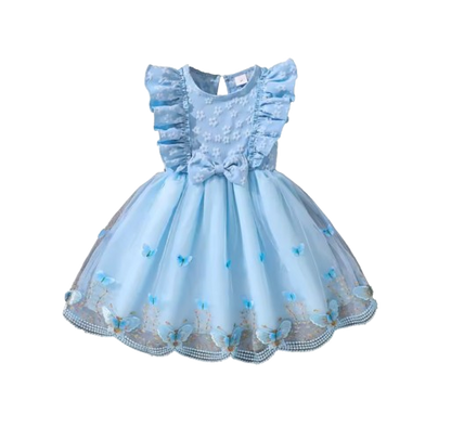 The Emberly - Girls Yellow Tulle Princess Dress O-Neck Fly Sleeve Bowknot Summer Outfit