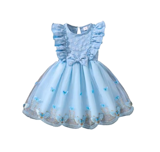The Emberly - Girls Yellow Tulle Princess Dress O-Neck Fly Sleeve Bowknot Summer Outfit
