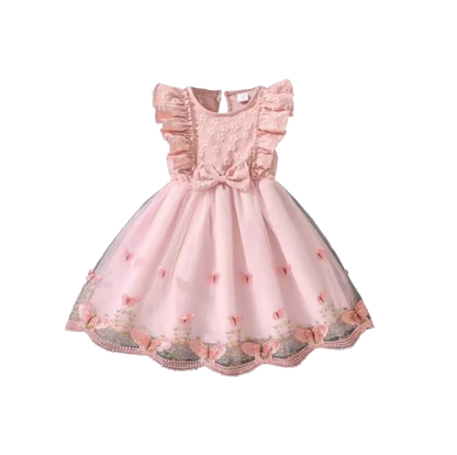 The Emberly - Girls Yellow Tulle Princess Dress O-Neck Fly Sleeve Bowknot Summer Outfit
