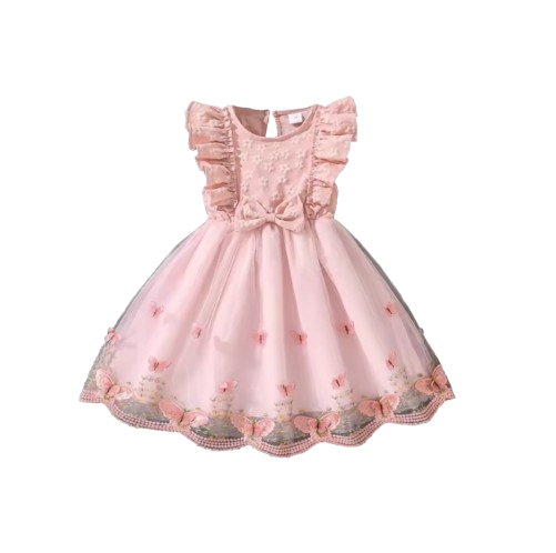 The Emberly - Girls Yellow Tulle Princess Dress O-Neck Fly Sleeve Bowknot Summer Outfit