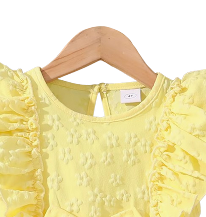 The Emberly - Girls Yellow Tulle Princess Dress O-Neck Fly Sleeve Bowknot Summer Outfit