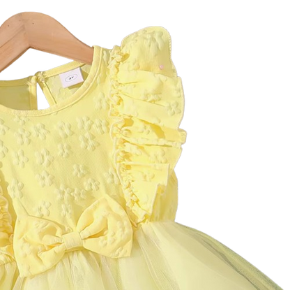 The Emberly - Girls Yellow Tulle Princess Dress O-Neck Fly Sleeve Bowknot Summer Outfit