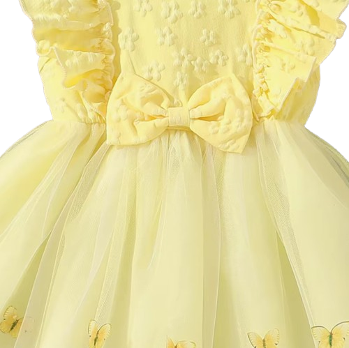 The Emberly - Girls Yellow Tulle Princess Dress O-Neck Fly Sleeve Bowknot Summer Outfit