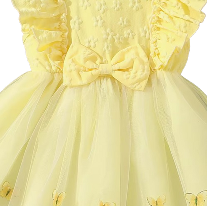 The Emberly - Girls Yellow Tulle Princess Dress O-Neck Fly Sleeve Bowknot Summer Outfit
