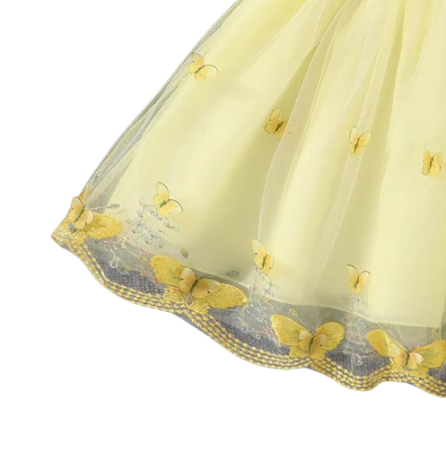 The Emberly - Girls Yellow Tulle Princess Dress O-Neck Fly Sleeve Bowknot Summer Outfit