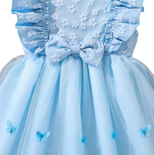 The Emberly - Girls Yellow Tulle Princess Dress O-Neck Fly Sleeve Bowknot Summer Outfit