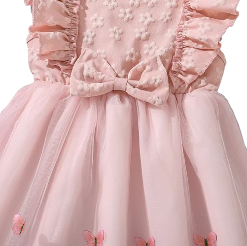 The Emberly - Girls Yellow Tulle Princess Dress O-Neck Fly Sleeve Bowknot Summer Outfit