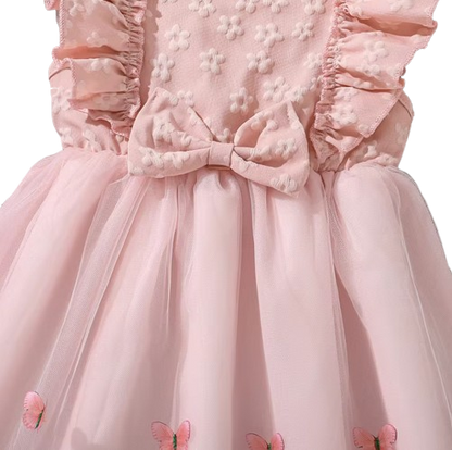 The Emberly - Girls Yellow Tulle Princess Dress O-Neck Fly Sleeve Bowknot Summer Outfit