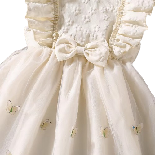 The Emberly - Girls Yellow Tulle Princess Dress O-Neck Fly Sleeve Bowknot Summer Outfit