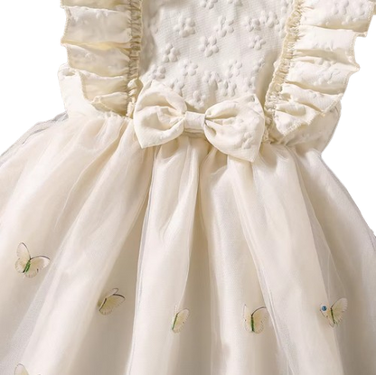 The Emberly - Girls Yellow Tulle Princess Dress O-Neck Fly Sleeve Bowknot Summer Outfit