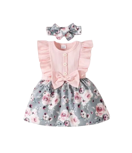 The Khaleesi - Girls Summer Cotton Dress Short Sleeve Round Neck Bow Headscarf Casual Outfit
