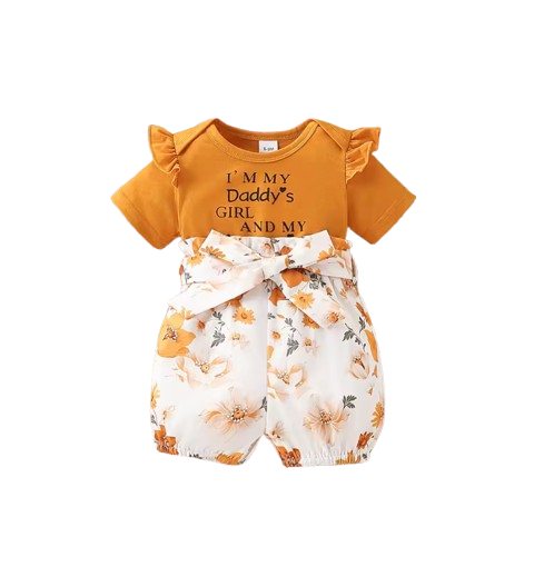 The Billie - Baby Girl Letter Print Jumpsuit Short Sleeve Belt Detail Summer Casual Outfit
