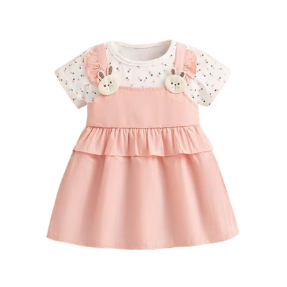 The Lara - Baby Girl Summer Floral Bunny Print Dress Cute Fake Two Piece Princess Outfit