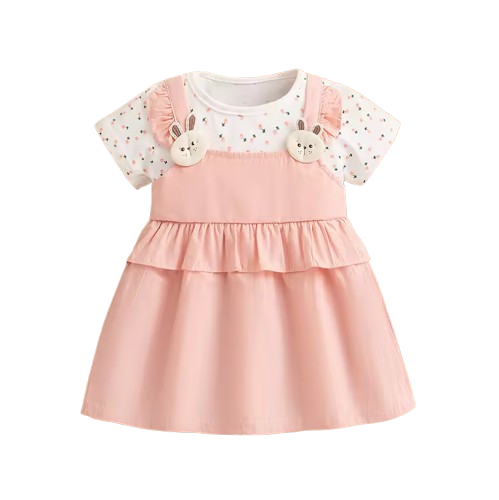 The Lara - Baby Girl Summer Floral Bunny Print Dress Cute Fake Two Piece Princess Outfit