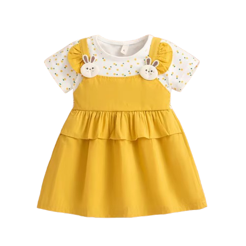 The Lara - Baby Girl Summer Floral Bunny Print Dress Cute Fake Two Piece Princess Outfit