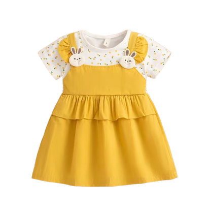 The Lara - Baby Girl Summer Floral Bunny Print Dress Cute Fake Two Piece Princess Outfit