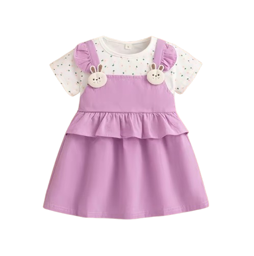 The Lara - Baby Girl Summer Floral Bunny Print Dress Cute Fake Two Piece Princess Outfit