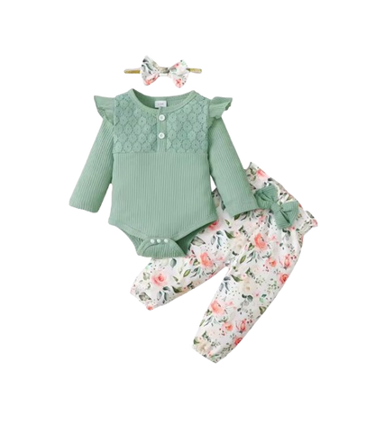 The Robbie - Baby Girl 3PC Green Long Sleeve Romper Floral Pants & Headband Spring Outfit