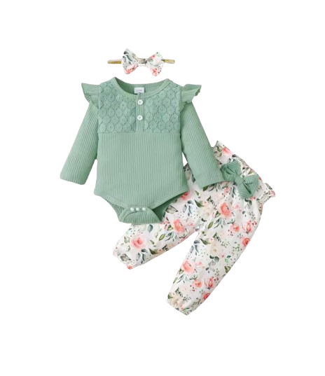 The Robbie - Baby Girl 3PC Green Long Sleeve Romper Floral Pants & Headband Spring Outfit