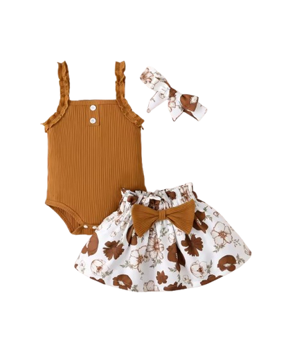 The Jaylin - Baby Girl 3PC Summer Outfit Sleeveless Bodysuit Floral Skirt & Headband