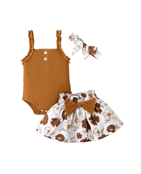 The Jaylin - Baby Girl 3PC Summer Outfit Sleeveless Bodysuit Floral Skirt & Headband