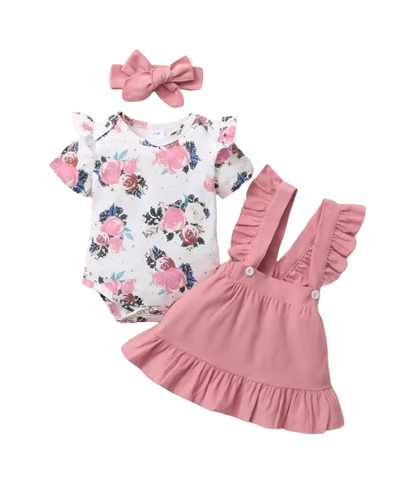 The Channing - Newborn Baby Girl 3PC Floral Romper Suspender Skirt & Headband Outfit