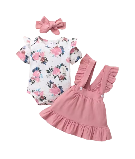 The Channing - Newborn Baby Girl 3PC Floral Romper Suspender Skirt & Headband Outfit