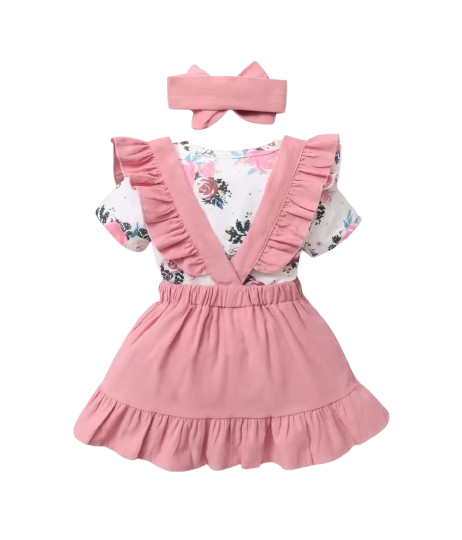 The Channing - Newborn Baby Girl 3PC Floral Romper Suspender Skirt & Headband Outfit