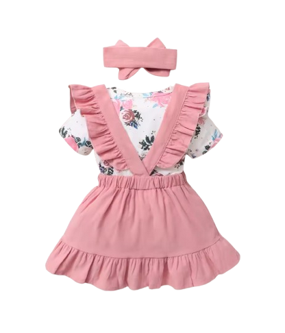 The Channing - Newborn Baby Girl 3PC Floral Romper Suspender Skirt & Headband Outfit