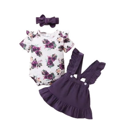 The Channing - Newborn Baby Girl 3PC Floral Romper Suspender Skirt & Headband Outfit