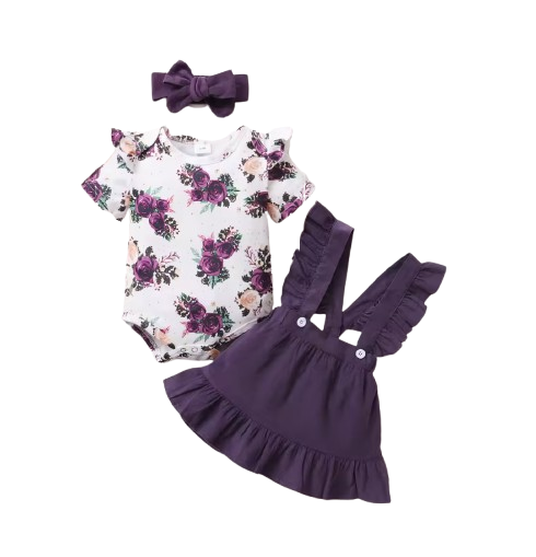 The Channing - Newborn Baby Girl 3PC Floral Romper Suspender Skirt & Headband Outfit