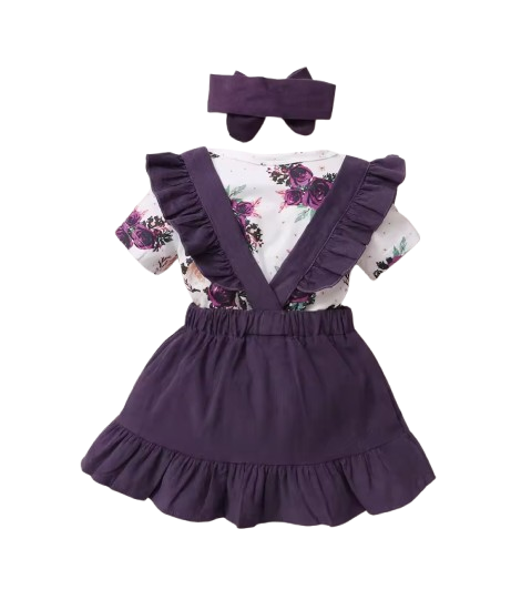 The Channing - Newborn Baby Girl 3PC Floral Romper Suspender Skirt & Headband Outfit
