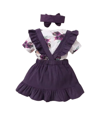 The Channing - Newborn Baby Girl 3PC Floral Romper Suspender Skirt & Headband Outfit
