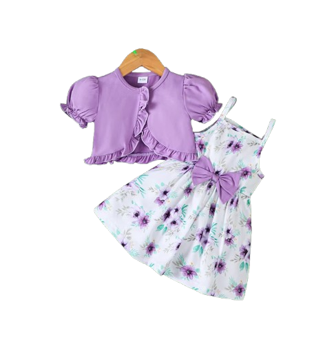 The Louisa - Baby Girl Purple Floral Suspender Dress & Ruffled Shawl 2PC Summer Outfit