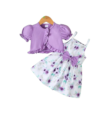 The Louisa - Baby Girl Purple Floral Suspender Dress & Ruffled Shawl 2PC Summer Outfit