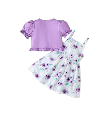 The Louisa - Baby Girl Purple Floral Suspender Dress & Ruffled Shawl 2PC Summer Outfit