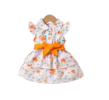 The Romy - Baby Girl Orange Floral Dress Green Leaf Print Fly Sleeve Belted Outfit