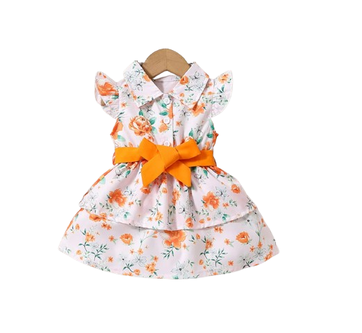 The Romy - Baby Girl Orange Floral Dress Green Leaf Print Fly Sleeve Belted Outfit