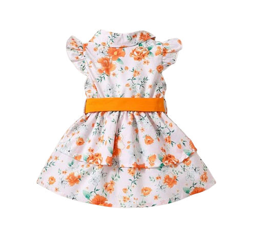 The Romy - Baby Girl Orange Floral Dress Green Leaf Print Fly Sleeve Belted Outfit